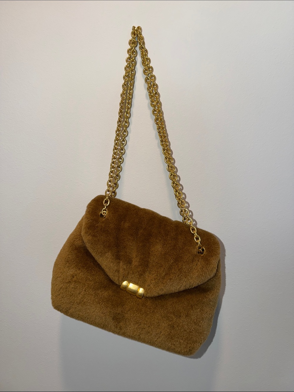 Mango Plush Faux Fur Shoulder Bag in Brown with Gold Chain